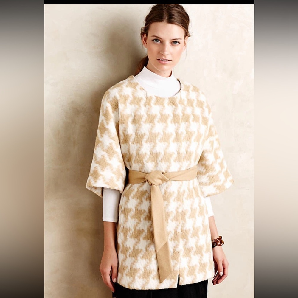 Anthropologie Elevenses Houndstooth Belted Wrap Coat Cape Beige Cream XS/S